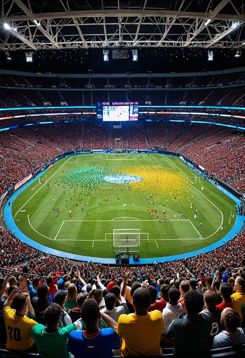 A dynamic scene depicting a diverse group of enthusiastic fans in a stadium, each wearing jerseys of different sports teams, joyfully celebrating a thrilling moment during a game. Incorporate elements like confetti flying in the air, a scoreboard showing a close score, and a panoramic view of various sporting events happening simultaneously in the background. The colors should be vibrant and engaging to evoke excitement and passion for sports. super-realistic. vibrant colors. 3D.
