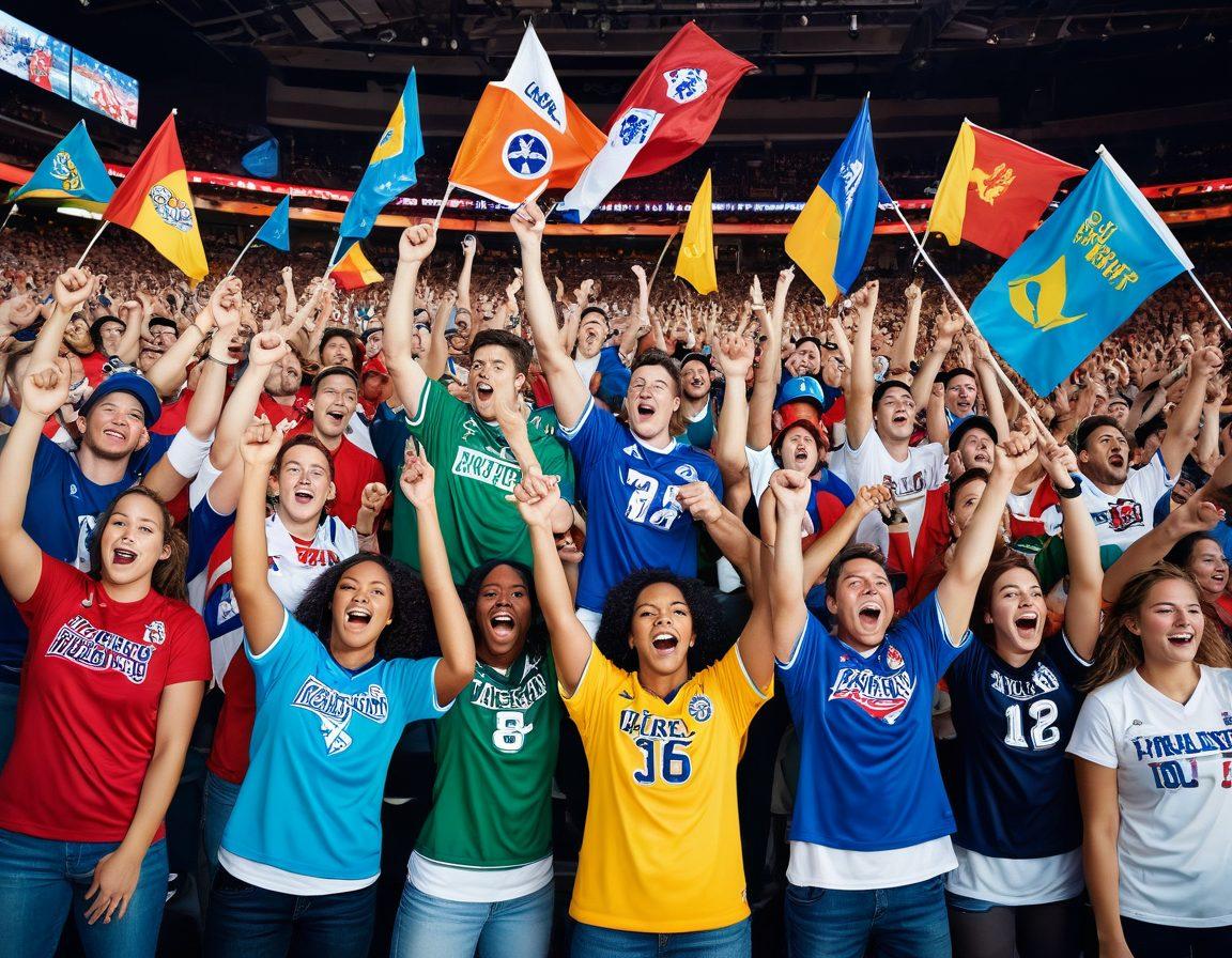 A dynamic scene showcasing a diverse group of enthusiastic sports fans enjoying a live event, surrounded by vibrant banners and team colors, with energy radiating from their expressions. In the background, a large screen displays thrilling sports highlights and the excitement of the game, while various sports equipment is artistically arranged around them. The atmosphere is electric, capturing the essence of live sports excitement. super-realistic. vibrant colors. 3D.