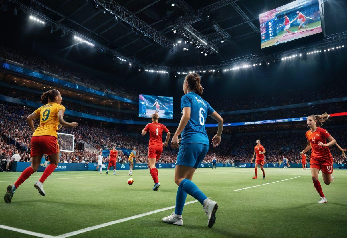 A dynamic sports scene capturing various athletes in action, surrounded by an array of sports equipment like footballs, basketballs, and tennis rackets. A backdrop of a digital scoreboard displaying real-time scores and updates, with enthusiastic fans in the stands. The atmosphere is vibrant and energetic, reflecting the thrill of live sports. super-realistic. vibrant colors. 3D.